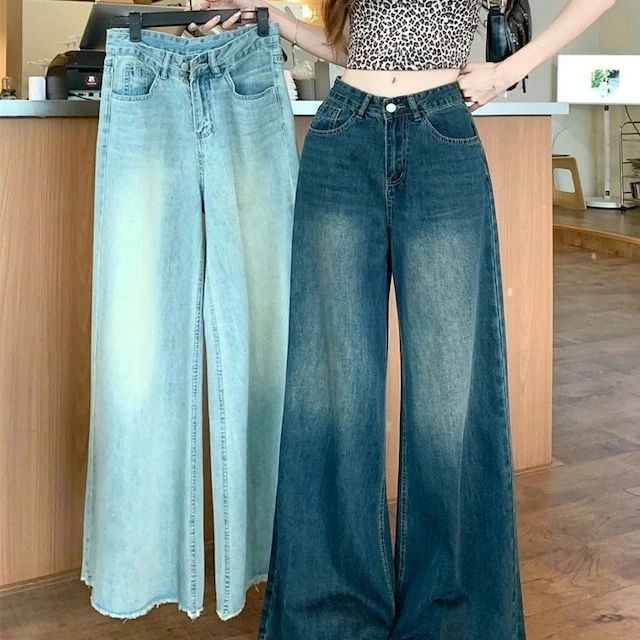 デニム ジーンズ ワイド フレア ハイウエスト 美脚効果 脚長効果 細見え ウォッシュ加工 夏 水色 おしゃれ かわいい 韓国｜フラウ　店