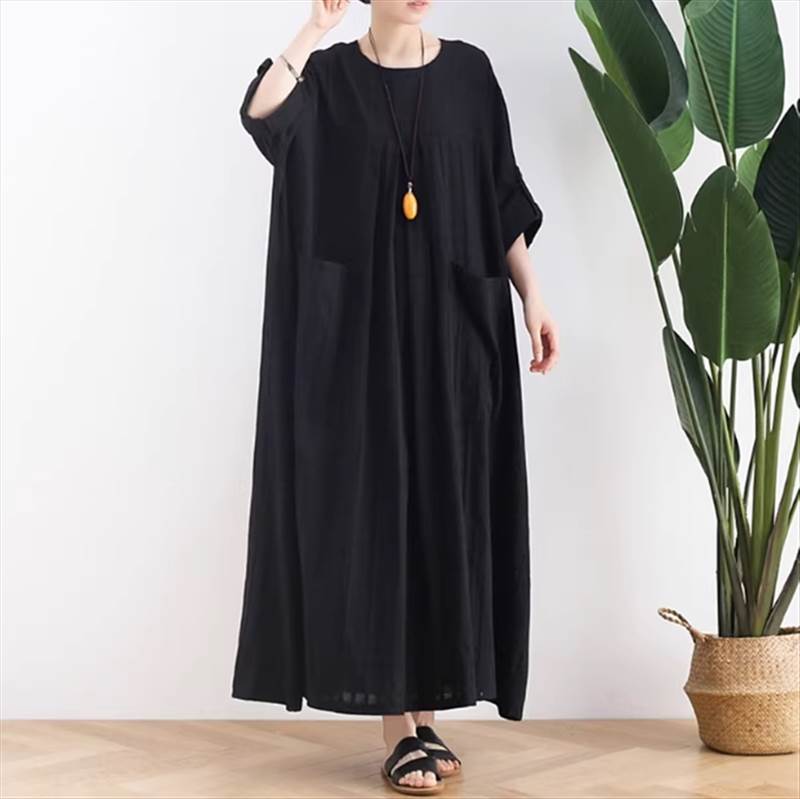 Aライン ロング丈 ワイド 7分袖 ラウンドネック ポケット 透け感 チェック ロールアップ 大人可愛い カジュアル ラ