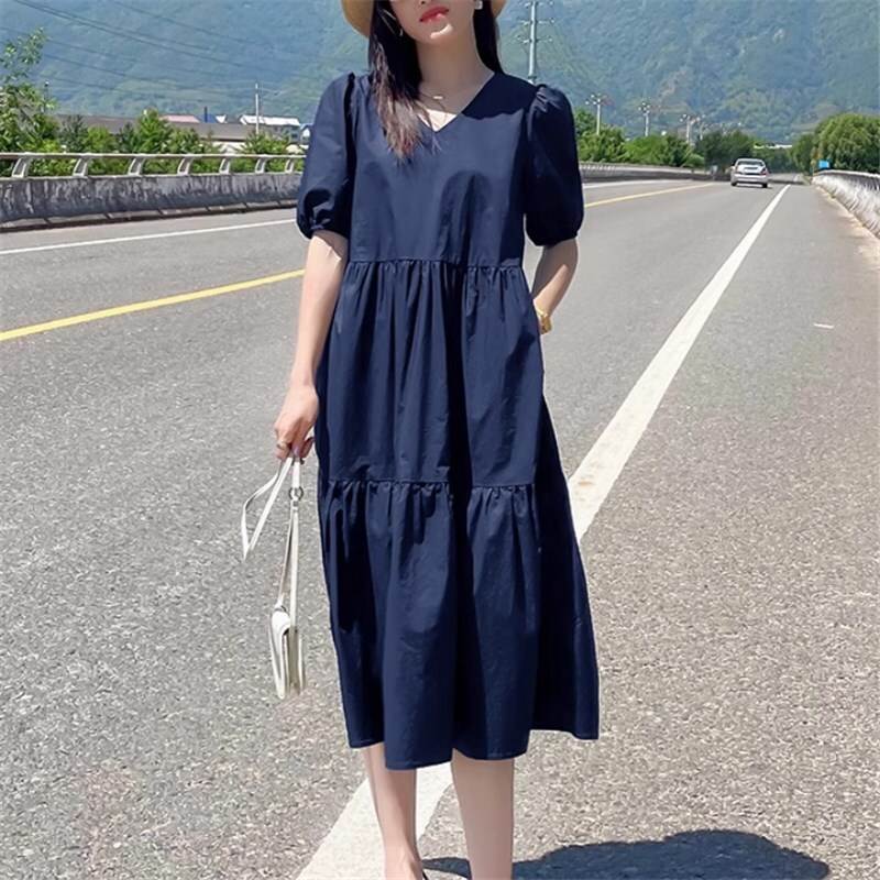 ミモレ丈スコート ミモレ ミモレ丈 A伝達ルート 太陽面爆発 袖あり 半袖 パフ捩り V素っ首 衣嚢 綿織物 成年者好いたらしい