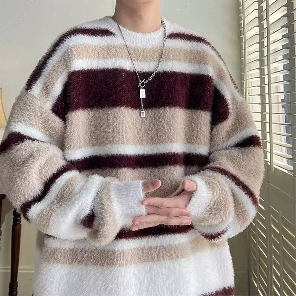 モチモチ馬海毛ストライプセーター男性厚手でデザイン感がだるいファッションブランドoversize冬の厚手ニット
