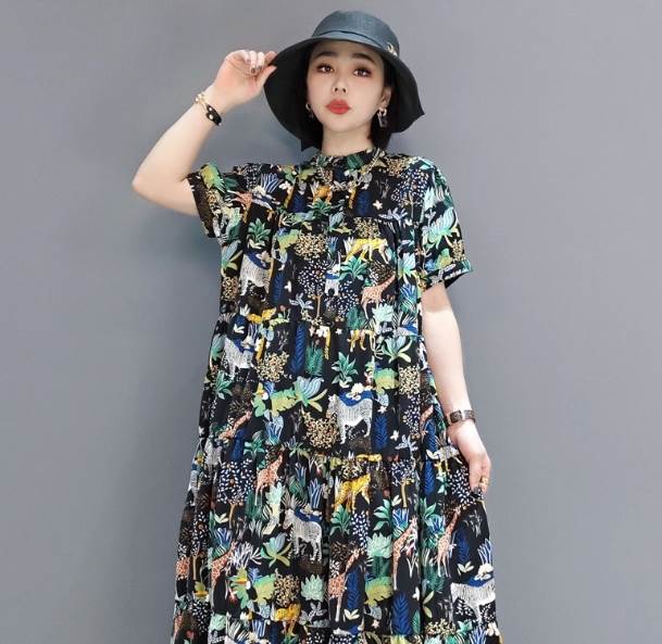 夏 アニマル柄 個性的 エスニック アジアン かわいい Aライン 襟付き 半袖 ロング丈 ティアードワンピース シャツワンピース
