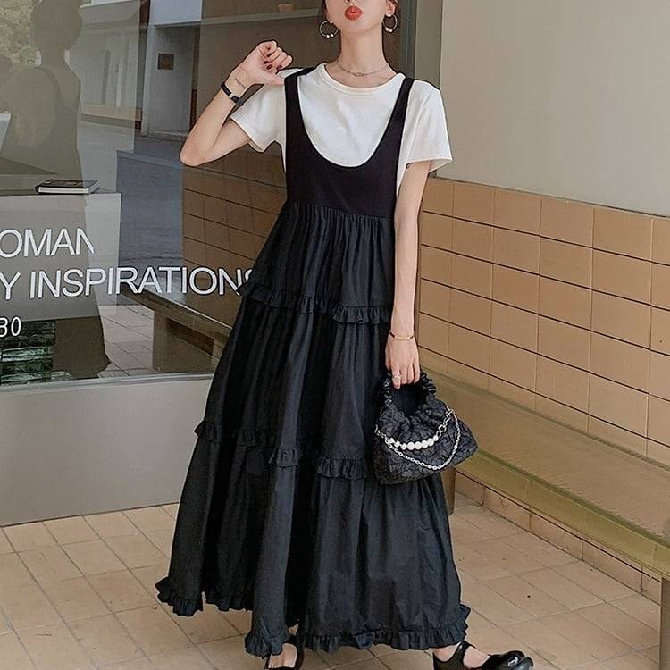 ロングワンピース Uネック レディース ワンピース 無地 ティアードワンピース マキシ丈ワンピース マキシ丈 サロペット風 膝下|フラウ 店