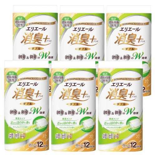 エリエール トイレットペーパー 消臭プラス(+) 25m×72ロール(12ロール×6パック) ダブル パルプ100% ほのかに香るナチュラルクリアの香り ケース販売