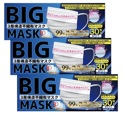 BIGマスク 白 大きめマスク 30枚x3箱 ビッグサイズ 長さ21cm 幅広ゴム6mm 3層不織布マスク画像