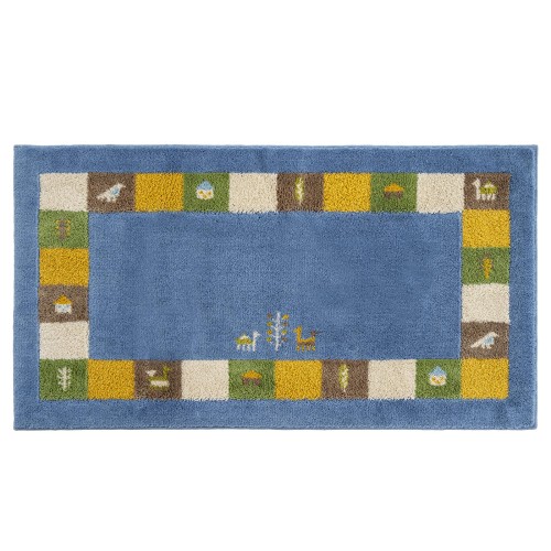 オカ(OKA) コーナー吸着玄関マット シエラ 約60cm×110cm ブルー(ギャッベ柄 ギャべ柄 エスニック アジアン 抗菌 防臭 洗える 屋内 ずれにくい おしゃれ)