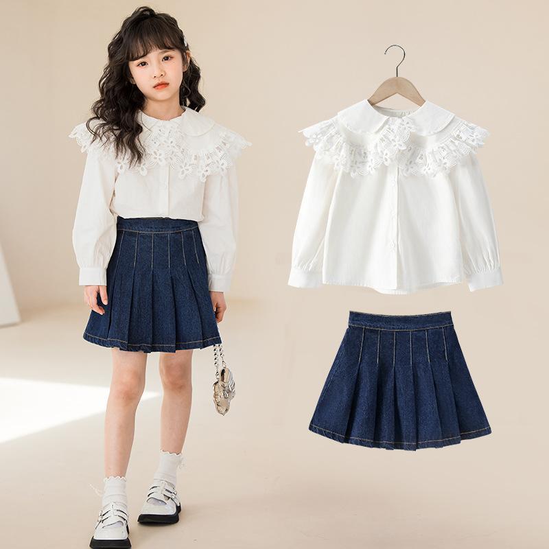 子供服 セットアップ ブラウス デニムスカート 2点セット 女の子 上下セット シャツ ジーンズ ガールズ 結婚式 発表会