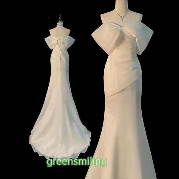 ウェディングドレス ウエディングドレス ロングドレス 二次会 結婚式 前撮り ブライダル 花嫁 マーメイドドレス シフォン 編み上げ オフショルダー