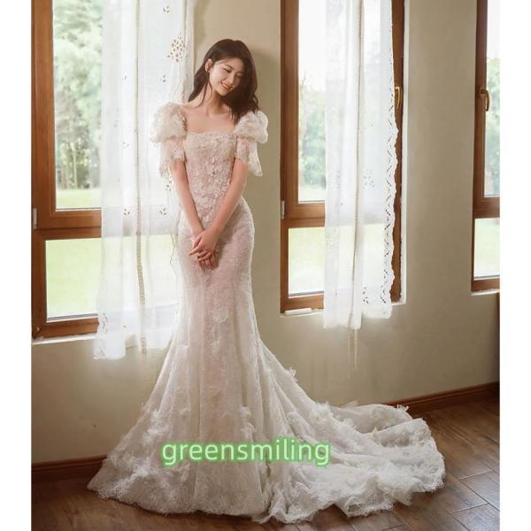 ウェディングドレス ウエディングドレス 二次会 結婚式 前撮り ブライダル ロングドレス 花嫁 マーメードドレス マーメイドラインドレス 半袖 トレーン レース