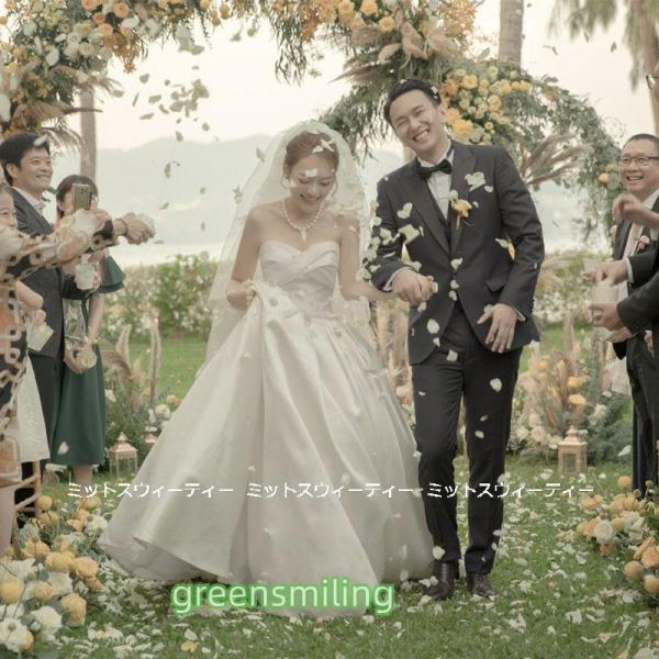 ウェディングドレス 花嫁 二次会 ウエディングドレス 結婚式 ロングドレス Aラインドレス サテン ベアトップ ビスチェ 前撮り 披露宴 ブライダル 白 編み上げ