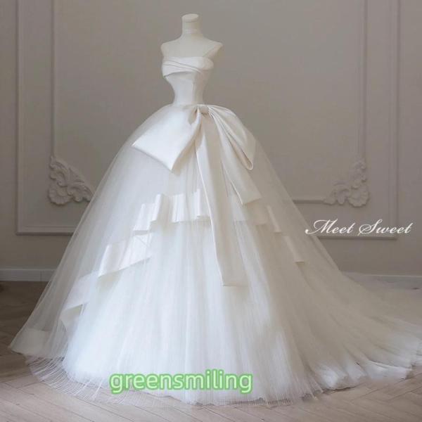 ウェディングドレス ウエディングドレス 二次会 結婚式 前撮り ブライダル ロングドレス 花嫁 プリンセスドレス プリンセスライン リボン ビスチェ ベアトップ