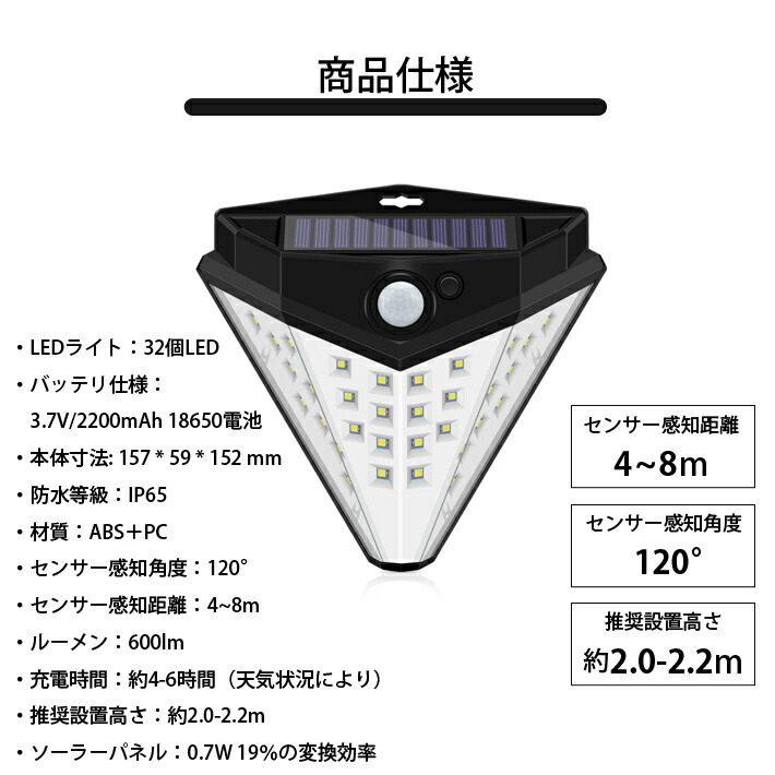 【楽天市場】32LED ソーラーライト屋外 センサーライト太陽光LED 防犯ライト2モード ガーデンライト 四面発光 【120°広角照明