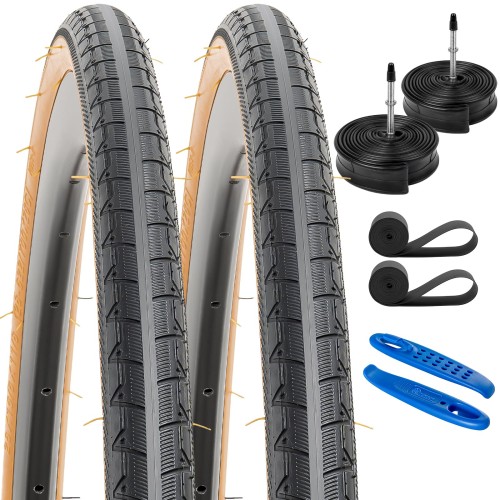 YunSCM 2本セット,700 28c タイヤ 茶色,自転車 タイヤ 700x28c/30c,700x28c 28-622 カラータイヤ + チューブ 肉厚 仏式バルブ60mm +リムテープ+タイヤレバ,適用 700x28c/700x30c ロードバイク,Y-1054(黒+茶色)