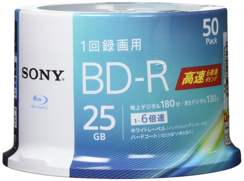 ソニー ブルーレイディスク BD-R 25GB (1枚あたり近所地デジ約3第四次元) 1回録画用 50枚入り口・入口 6倍速ダビング相応う 入れもの絶無 50BNR1VJPP6