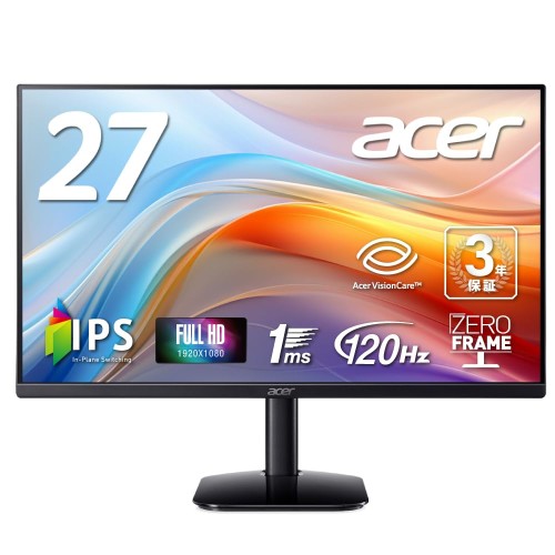 Acer モニター 27インチ フルHD 非光沢 IPS 120Hz 1ms(VRB) sRGB 99% AdaptiveSync HDMI 1.4 ミニD-Sub 15ピン スピーカー・ヘッドフォン端子搭載 VESAマウント対応 ゼロフレームデザイン 3年保証(パネルは1年) KA272G0bmix