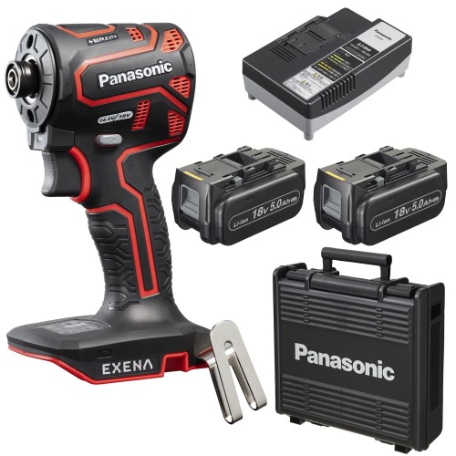 パナソニック(Panasonic) 充電インパクトドライバー EZ1PD1 スタンダードセット ONE ATTACH対応 (18V 5.0Ah電池パック×2個/充電器/プラスチックケース付) EXENA デュアル(14.4V/18V対応) EZ1PD1J18D-R レッド