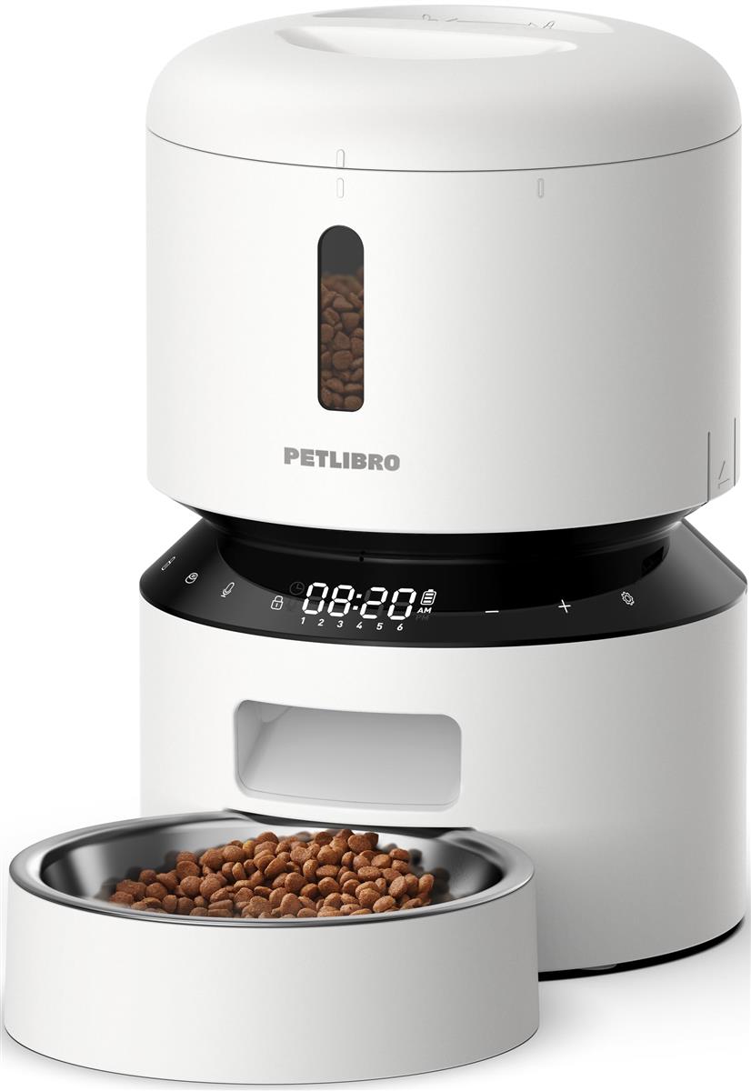 PETLIBRO 自動給餌器 猫 中小型犬用 定時定量 1日6食 自動餌やり機 ４重鮮度保持 ツイストロック式蓋 水洗い可能 餌詰まり防止機能付き ステンレス製ボウル 手動給餌可 録音可 タイマー式 2WAY給電 日本語説明書付き 3L ホワイト