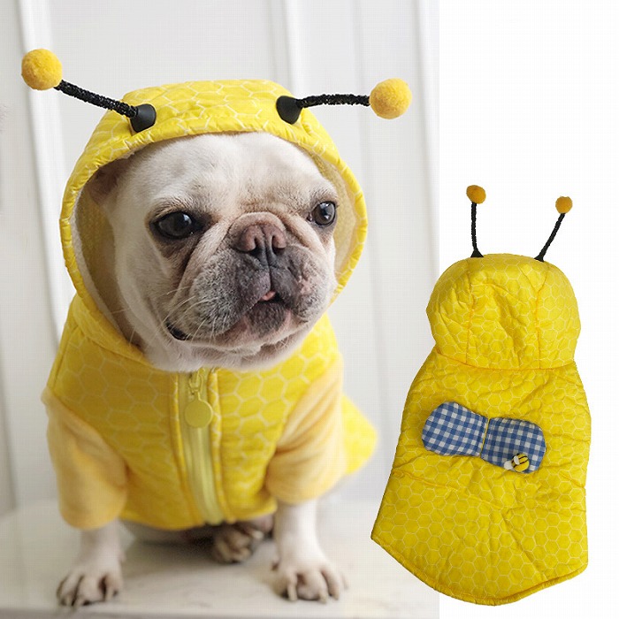 フレンチブルドッグ 犬 Km3t おしゃれ かわいい もこもこ イエロー ジャケット ドッグウェア ボア ミツバチ 中型犬 冬 小型犬 散歩 暖かい 服 耳付き 部屋着 防寒着 黄色 賜物 ミツバチ