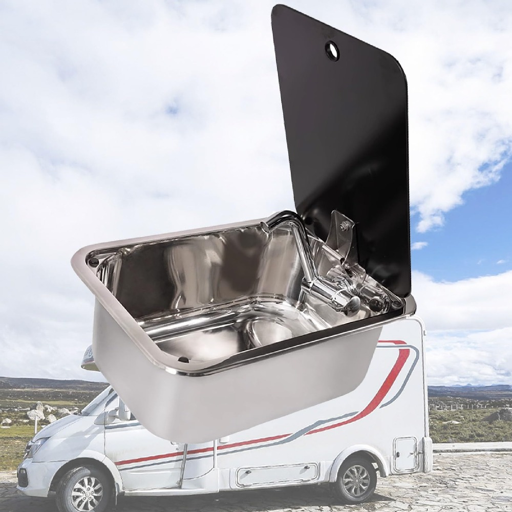RV の台所の流し キャラバンRVシンク RV用シンク RV キャラバン シンク 四角いステンレススチール シングルボウルシンク 多機能手洗い器 折りたたみ式蛇口と蓋付き バー、トラック、キャンピングカー、ボート用