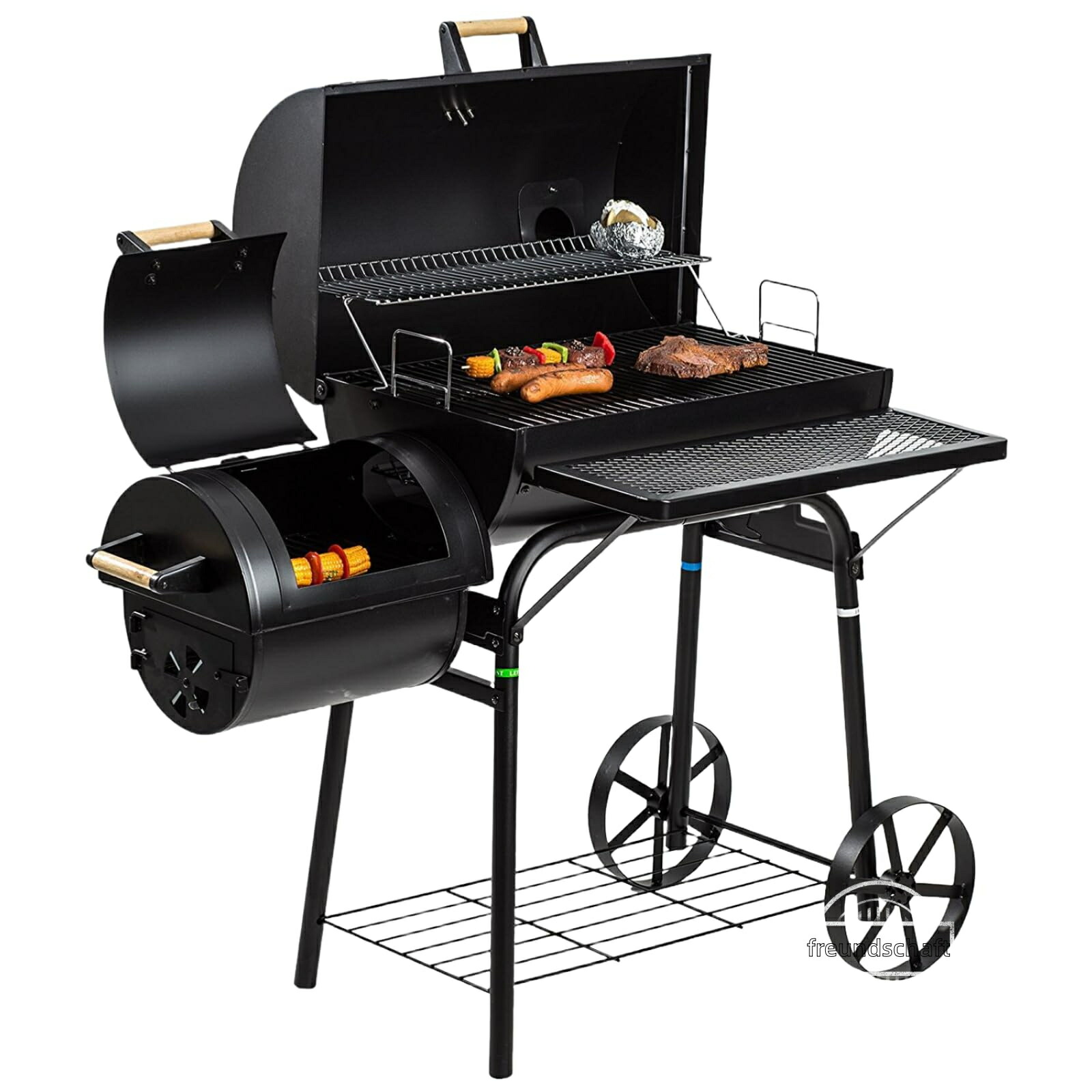 丸焼き コンロ 大型 防風bbq 濃灰色食べ物屋 オフセットスモーカー 室外中庭 バーベキュークッカー キャスター付き添い人 携帯型 後庭 BBQ5-15人 オーヴン サイドファイヤーボックス付き添い人 難民キャンプ ピクニック 寄り合い用 (76*48*26.5珊)