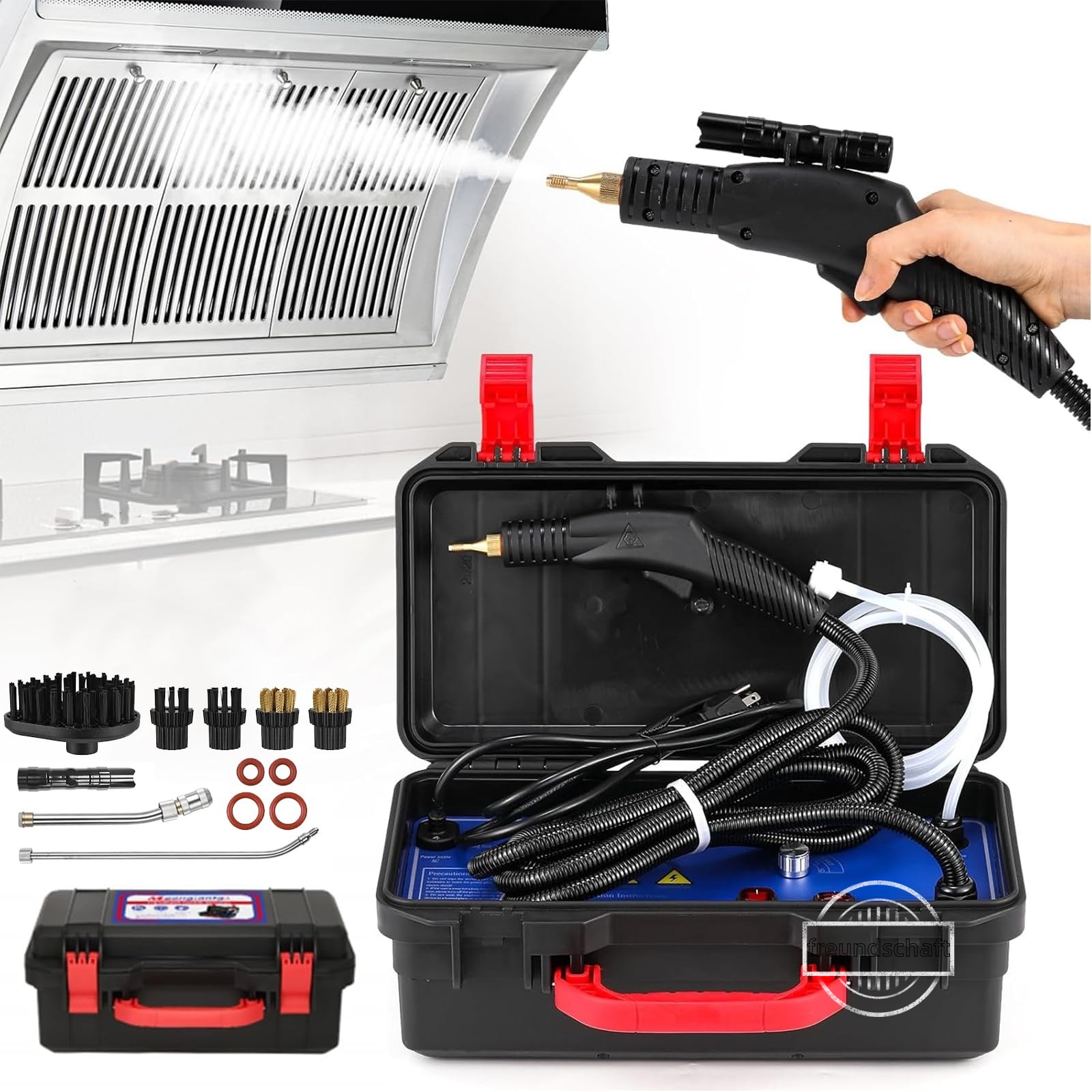 スチームクリーナー 業務用 高温蒸気洗浄機 スチーム/温水/冷水噴射 タンクレス設計 家庭用高圧洗浄機 自吸式 100℃高温除菌 油汚れ除去 キッチン/レンジフード/車/エアコンのお掃除に 家電掃除 1700W 多機能ブラシ付属|freundschaft