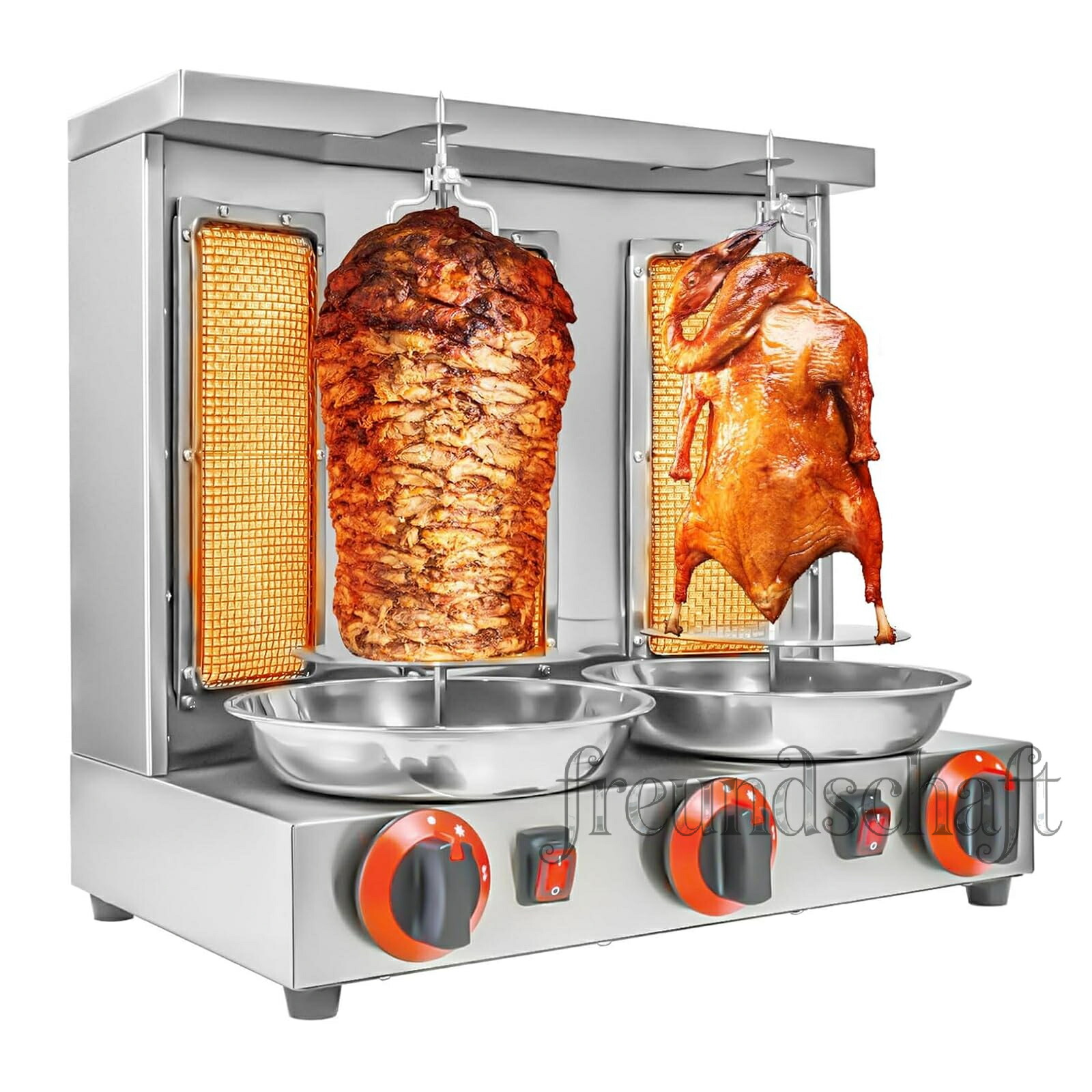 ケバブマシン 業務用 家庭用 ガス式（LPG）ケバブ焼き器 垂直ブロイラーホルダー バーベキューグリル 3 バーナー 独立制御スイッチ 自動回転グリル 無煙 温度調節 中東のバーベキューマシン シャワルマグリルドネルケバブマシン ステンレス色｜freundschaft