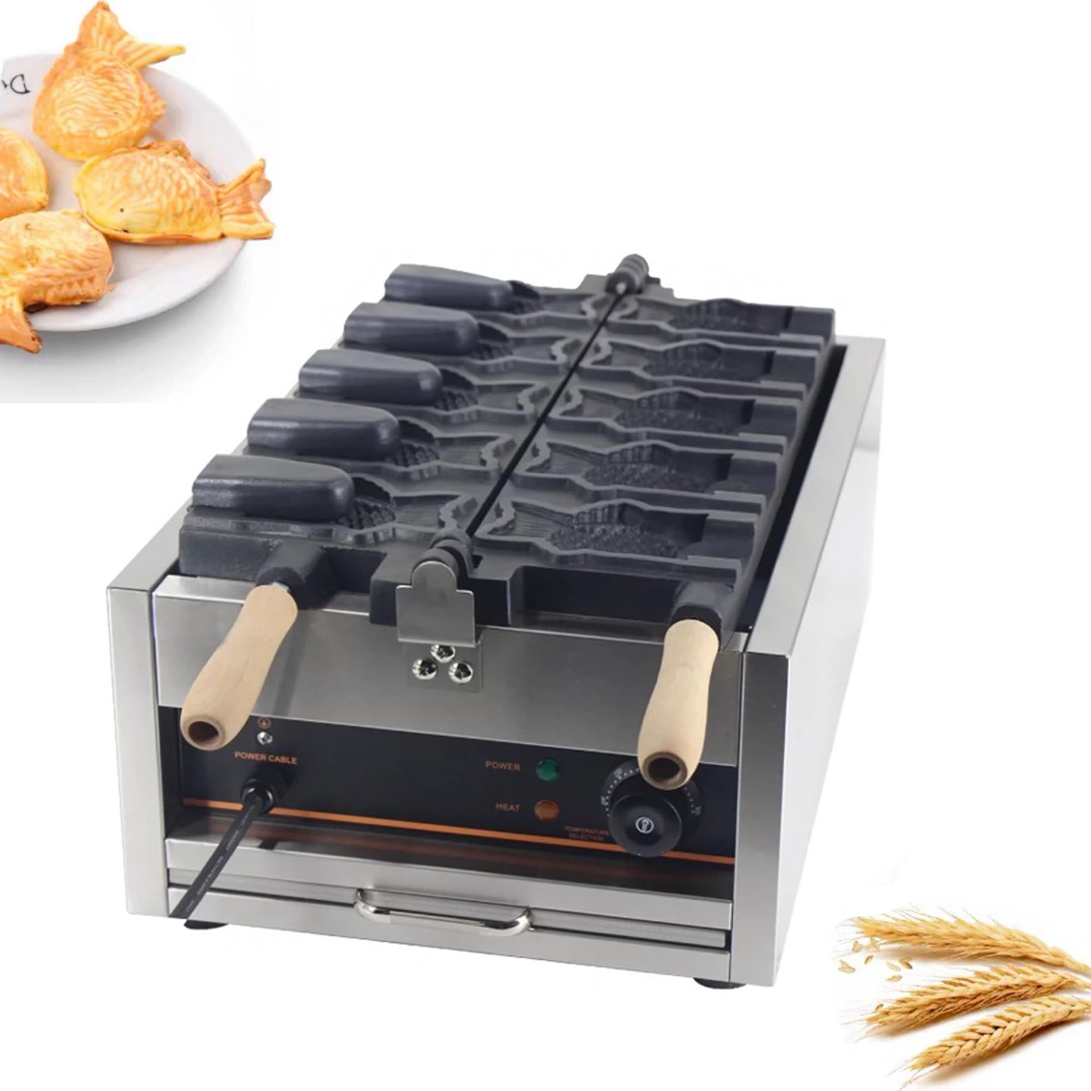 たい焼き器 鯛焼き製造会社 電動鯛焼き機 明かりたい焼き機 明かり熱するたい焼き焙煎機 明かり熱する鯛型ベーキングマシン 5枚焼き開口部式 体温抑えつける役立つこと付き添い人 取りはらい能力のあるな受け皿