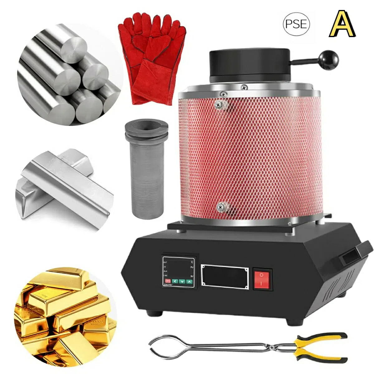 金溶解炉、1500W 電気金溶解炉キット、1150℃ ミニ中周波溶解炉、グラファイトるつぼ付き、LED 温度制御ディスプレイ、2kg-赤