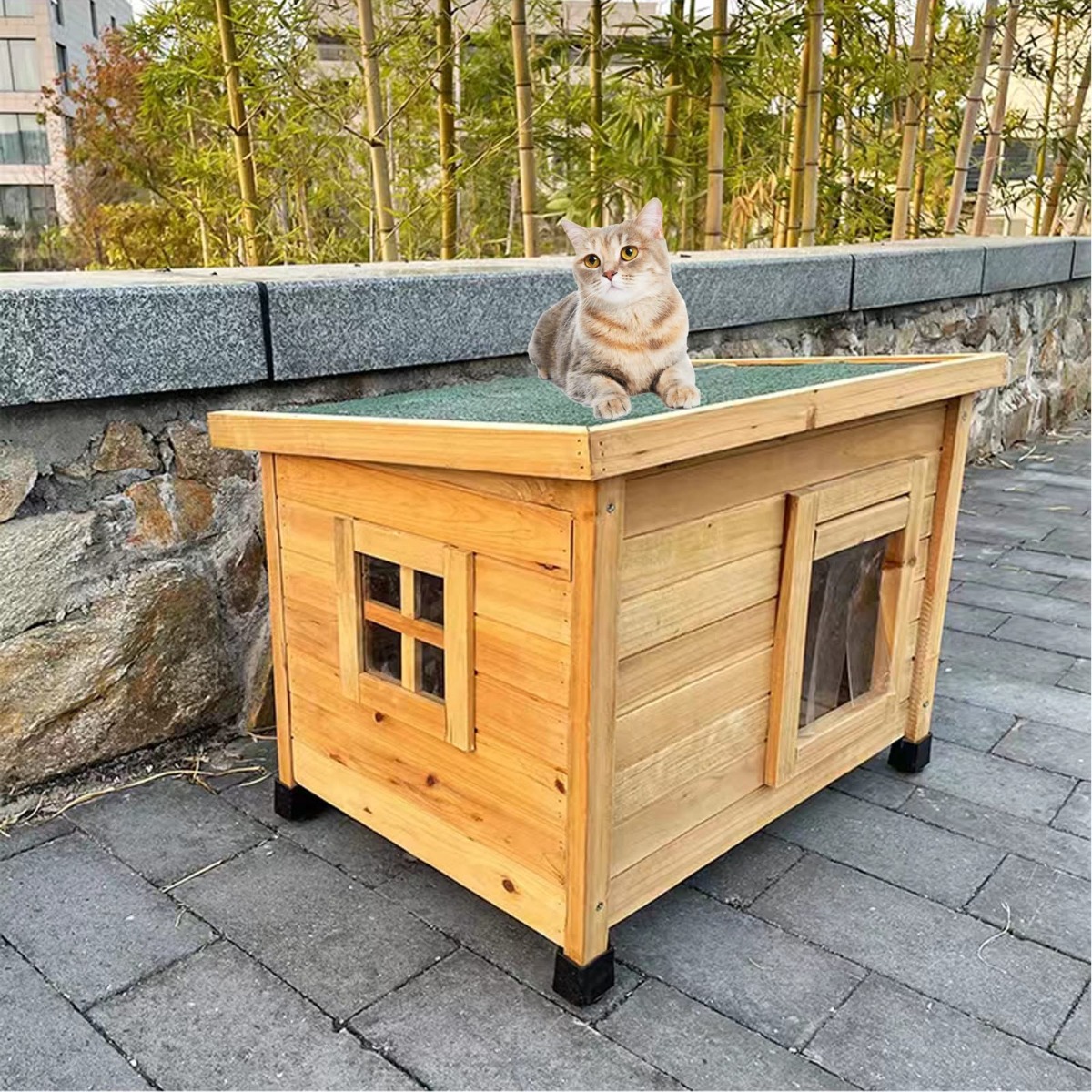 【P2倍★4月限定】猫 ハウス 屋外 キャットハウス 猫の家 透明な窓とカーテンで雨を防ぎ、暖かく過ごせる屋外用シェルター 屋外用野良猫用シェルター 冬防風防寒 小型犬 木製 野良動物ハウス