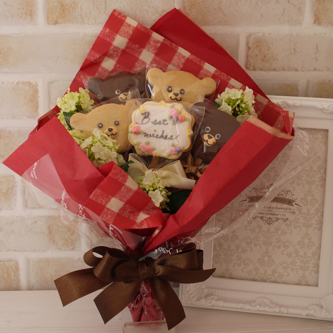 楽天市場 くまさん5本花束ギフト メッセージ入れ アイシングクッキー 可愛い ギフト プレゼント チョコレートクッキー バタークッキー ブーケ オーダー キャラクター Friandise