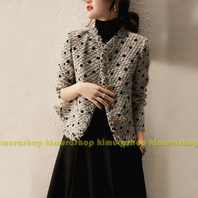 ジャケット ドット柄 レディース 長袖 ツイードジャケット トップス アウター ツイード ショート丈 ノーカラー オフィス おしゃれ 上品 きれいめ 通学 通勤 お洒落 カジュアル 上品 大人｜KimuraOnlineShop