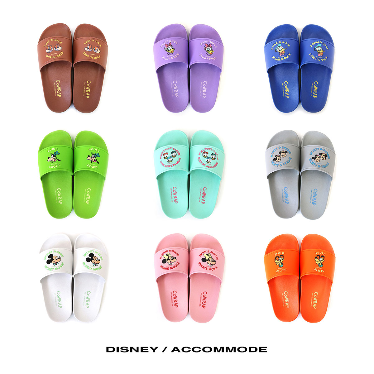 【SALE⇒30%OFF】サンダル ディズニー レディース アコモデ カラフルシャワーサンダル ミッキー ミニー ドナルドダック デイジー チップとデール モーティ＆フェルディ ヒューイ デューイ ルーイ ビーチ プール 屋外画像