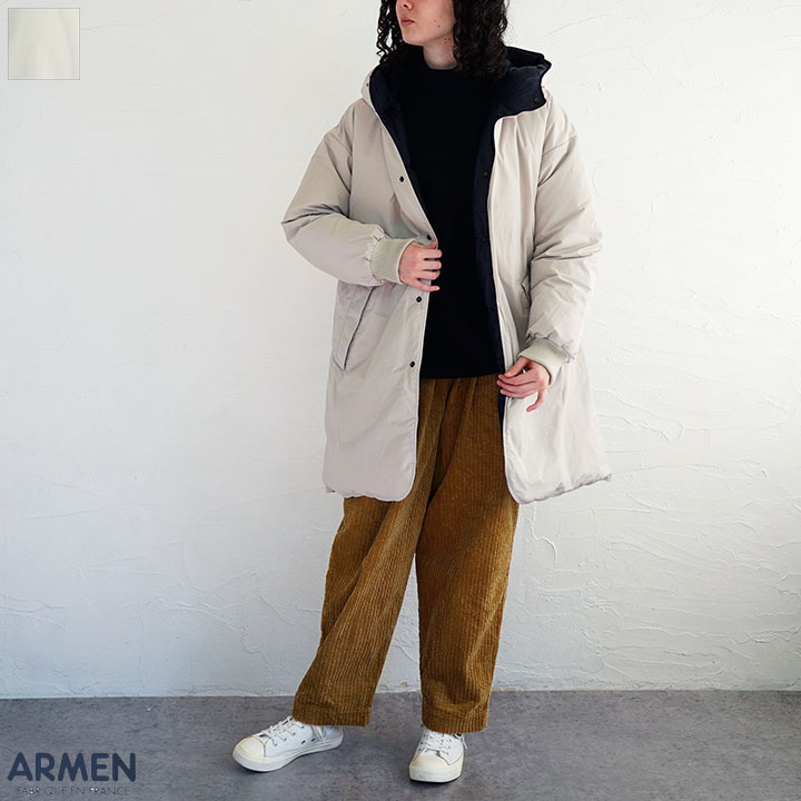 【送料無料】ARMEN（アーメン）POLY COTTON REVERSIBLE DOWN SNAP FRONT HOODED MIDI COAT｜Ｆｒｉｅｎｄｓ