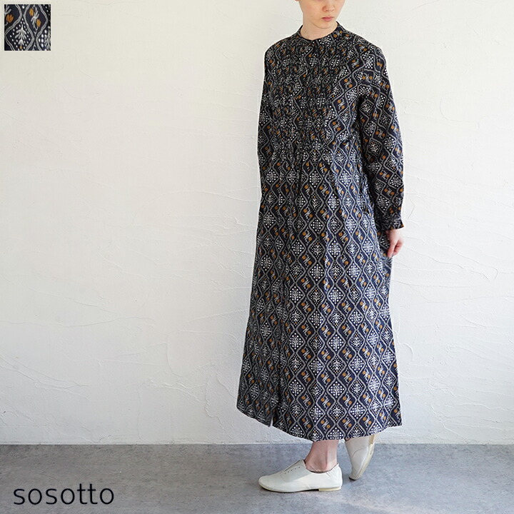 【sale20%off】【返品不可】【送料無料】sosotto（ソソット) 格子花柄ピンタックウエストドロストワンピース