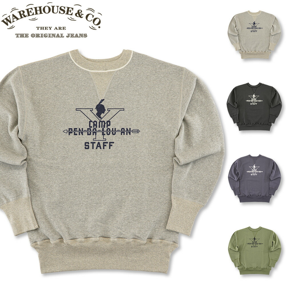 WAREHOUSE (お召しもの棲み家)  Lot 401 CAMP PENDALOUAN 労働者の一団のど首 汗水 (調教師 ノンウォッシュ トレーナー 両Vガゼット 裏起毛 日本製 刷り上げる 今めかしい 表どおり アメカジ メンズ)