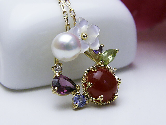 珊瑚ペンダント 送料無料 Bijoux fromsea K18血赤珊瑚＆パールペンダント TK-12444 血赤珊瑚 高品質 手作り 加工 プレゼント お祝い 人気 還暦 土佐 高知県産 コーラル 縁起物 開運 幸運 ｜真珠大好き　from sea