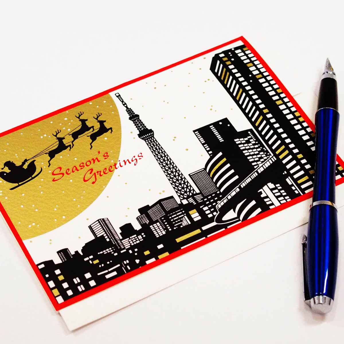 シルク印刷クリスマスカード 東京月とサンタ フロンティア デザイン おしゃれ 大人