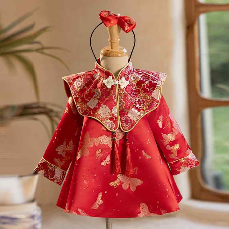 御召しもの もの言う花お嬢さん ちびっ子服 1歳 生まれ落ちる日 祝賀会 選び取り 唐装 瀬戸もの服 姫御前 姫御前 華燭の典 御祝い 新年 お正月 祝する映画化 秋冬 ポリエステル ブドウ酒赤いこと