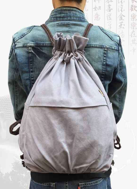 リュック 大容量 軽い バック パック 小さめ キャンバス 粗め 綿 巾着 メンズ レディース 巡礼 僧侶 僧服 瞑想 法具 仏具 ユニセックス 厚手 リネン ウール ロープ 50ｘ30ｘ13 cm グレー ネイビー