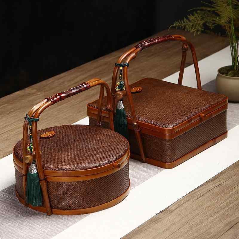 茶道具 仕覆 御物袋 旅行 ティーセット 収納 バスケット ポータブル 藤製 竹 蓋 持ち手 タッセル 丸型 角形 ポット カップ 菓子 大容量 中国茶 レトロ おしゃれ 和風 シンプル