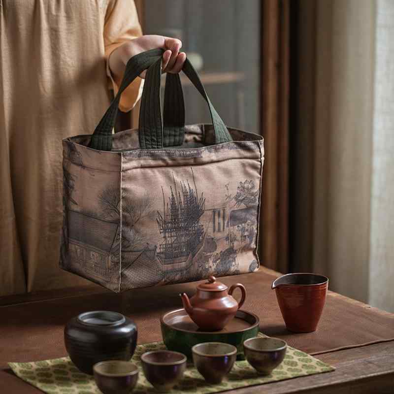 茶道具 仕覆 御物袋 旅行 ティーセット 収納 バッグ ポータブル 布 持ち手 面ファスナー 仕切り 厚手 ポット カップ 大容量 中国茶 おしゃれ レトロ チャイナ風 鶴 風景 母の日 ギフト|フロントップ店