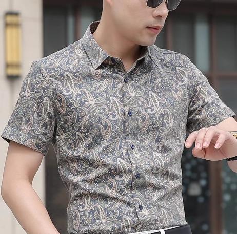 メンズシャツ 夏 半袖 長袖 男性 紳士 大きいサイズ カジュアル 普段着 リゾート 薄手 スリム 黒 緑 ポインテッドカラー 総柄 ペイズリー