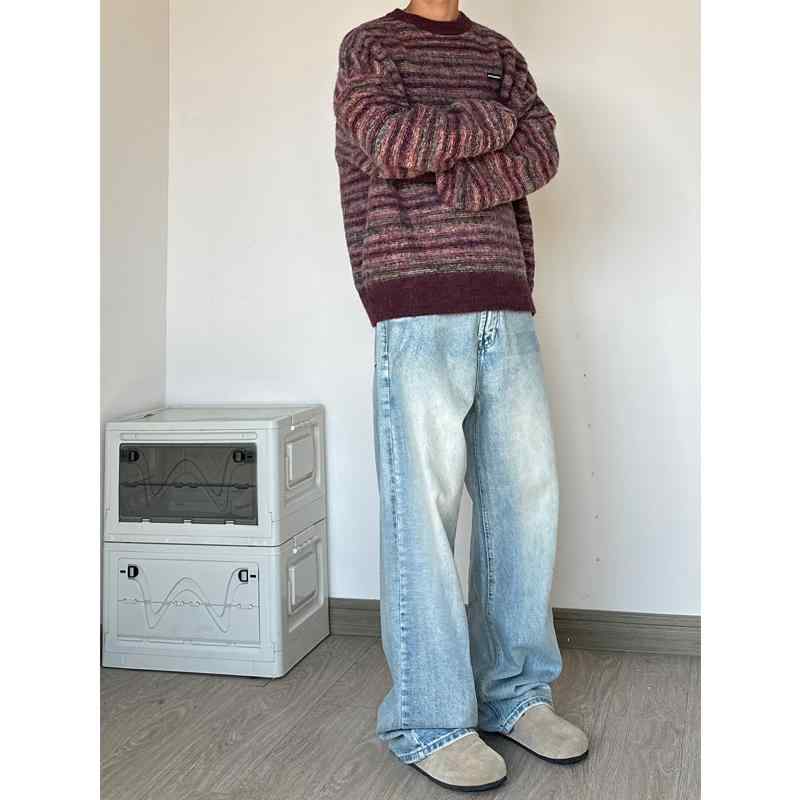 ワイドパンツ メンズ アメリカン レトロ ウォッシュ ジーンズ デニム ストレート ルーズ ヒップホップ ドレープ ロング カジュアル オールシーズン ジッパー 大きいサイズ 青