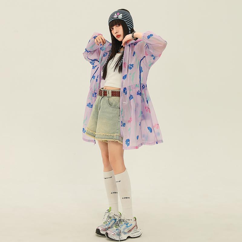 日焼け防止 上着 レディース 春夏 ジャケット アウター コート 薄手 ゆったり ミドル丈 長袖 フード ジップアップ カジュアル おしゃれ 屋外 レジャー アウトドア 花柄 紫 大きいサイズ｜フロントップ店