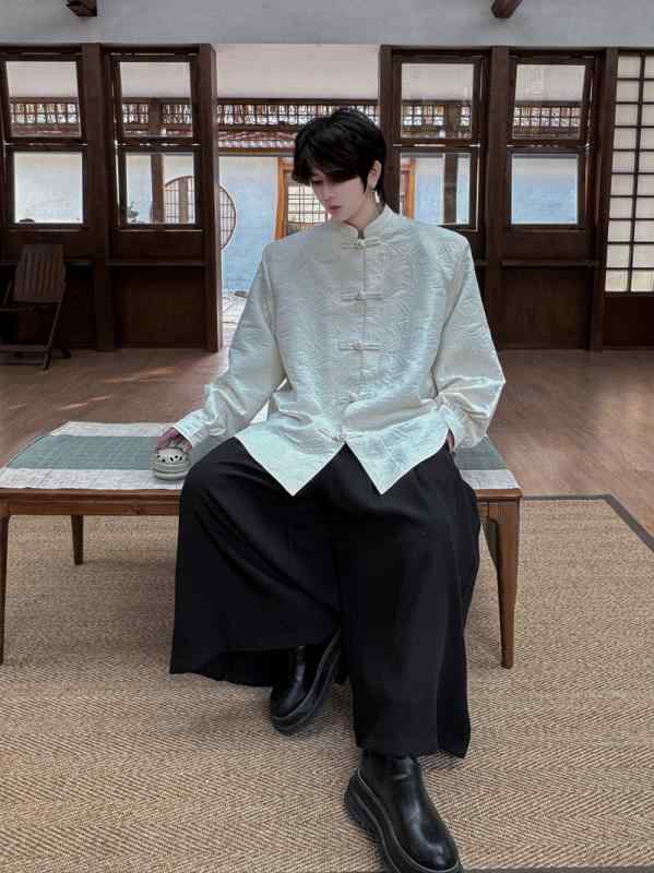メンズ チャイナ シャツ スタンドカラー ボタン付き 長袖 春 レトロ セットアップ ゆったり ジャカード おしゃれ アプリコット 黒 茶 シンプル