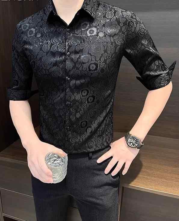 シャツ メンズ 半袖 夏 薄手 トップス スリム フィット ひんやり 涼しい 大きいサイズ シンプル カジュアル スタイリッシュ 黒 白 茶 花柄｜フロントップ店
