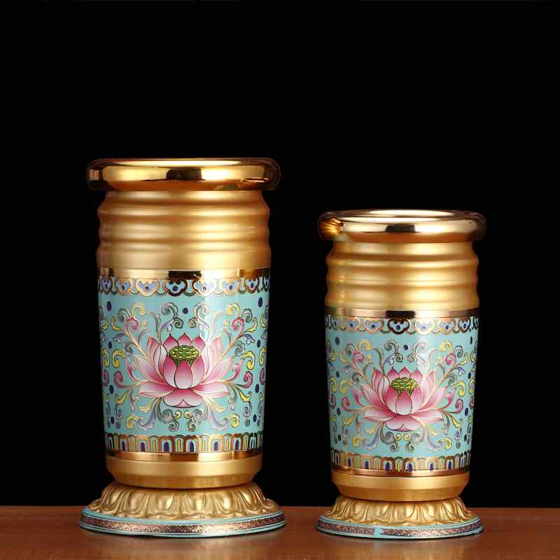 仏具 線香差し 合金 円筒形 高さ21cm 底面滑り止め 家庭 寺院 仏壇 チャイナ風 クラシック エレガント カラフル ゴールド 唐紋 蓮の花