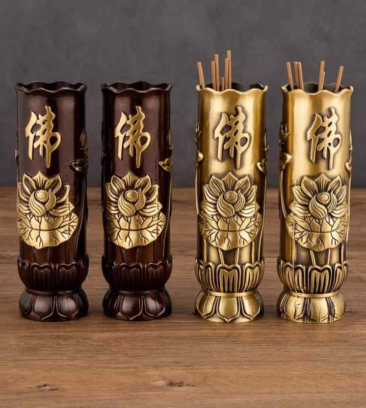 仏具 線香差し 真鍮 円筒形 高さ19cm 大きめ エンボス加工 家庭 寺院 仏壇 チャイナ風 レトロ おしゃれ 蓮の花