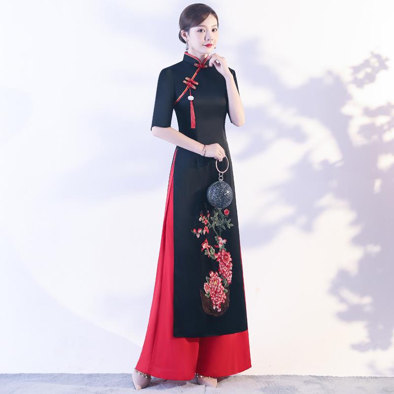 アオザイ お召しもの レディース 夏 エスニック 半袖 越南 ロングチャイナドレス ワイドレッグパンツ 仕掛ける コスプレ 御機嫌細長い切口 オブリークラペル 刺しゅう 花 黒 白 赤