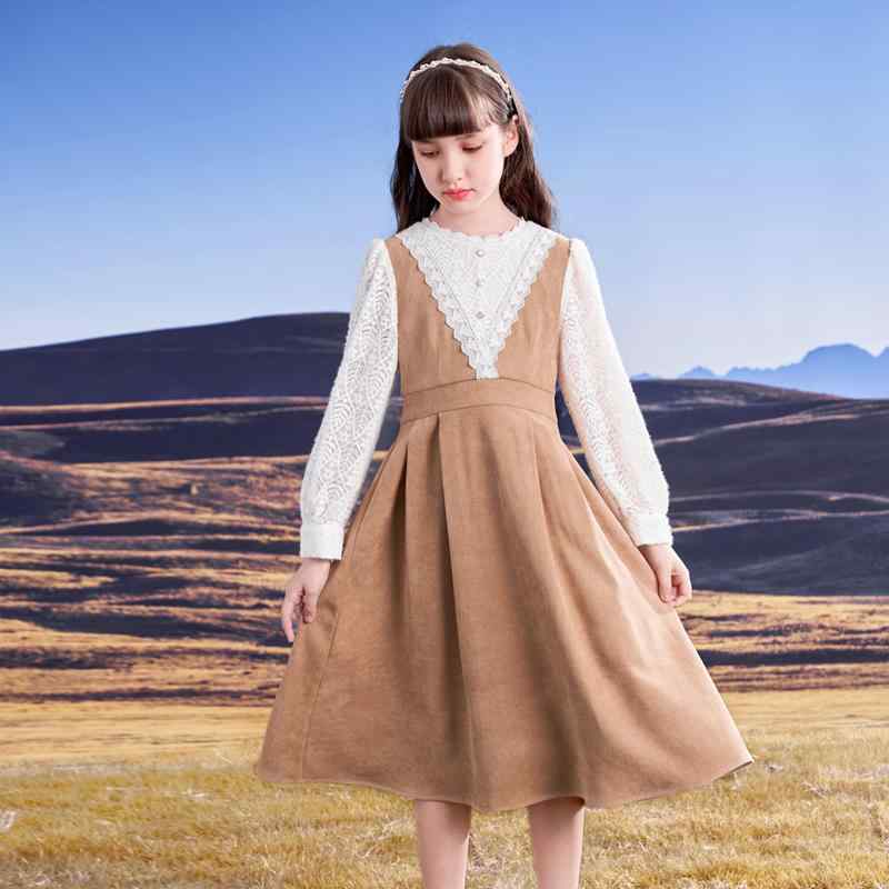 子供服 ワンピース 重ね着風 女の子 フレンチ レース 春秋 長袖 かわいい カジュアル シンプル 韓国 刺繍 ラウンドネック カーキ