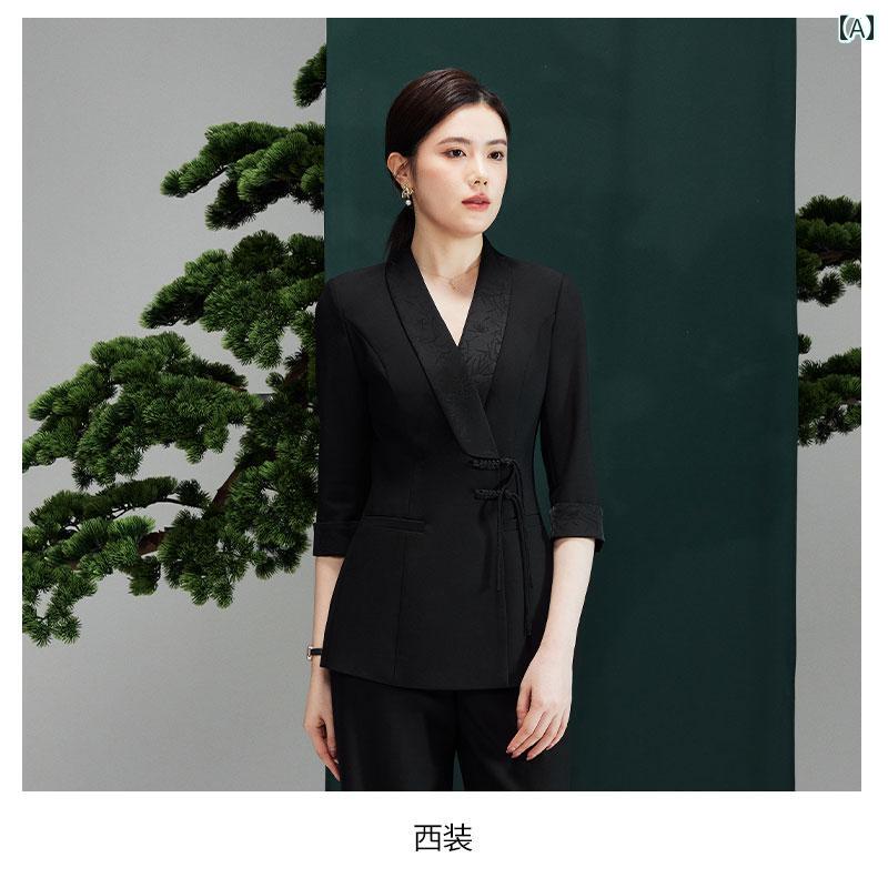 スーツ セットアップ レディース かっこいい パンツ チャイナ風 軽量 快適 豪華 女性用 夏 フォーマル 美容院 マネージャー｜フロントップ店